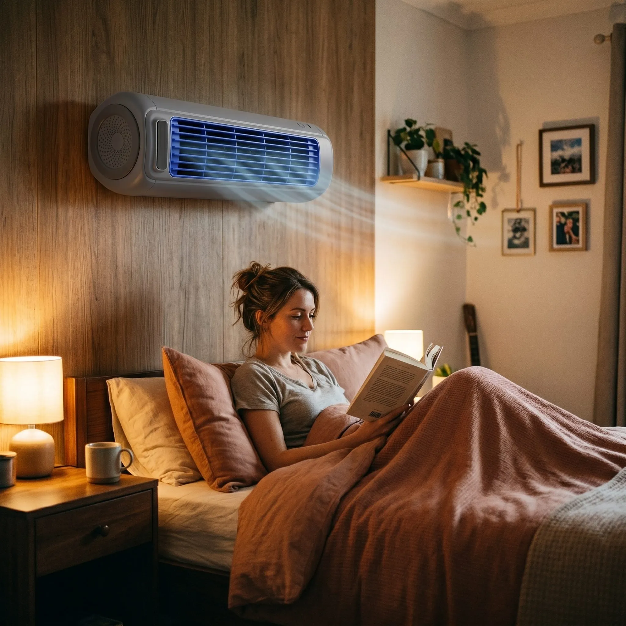 Froza AC mounted above a bed, person reading