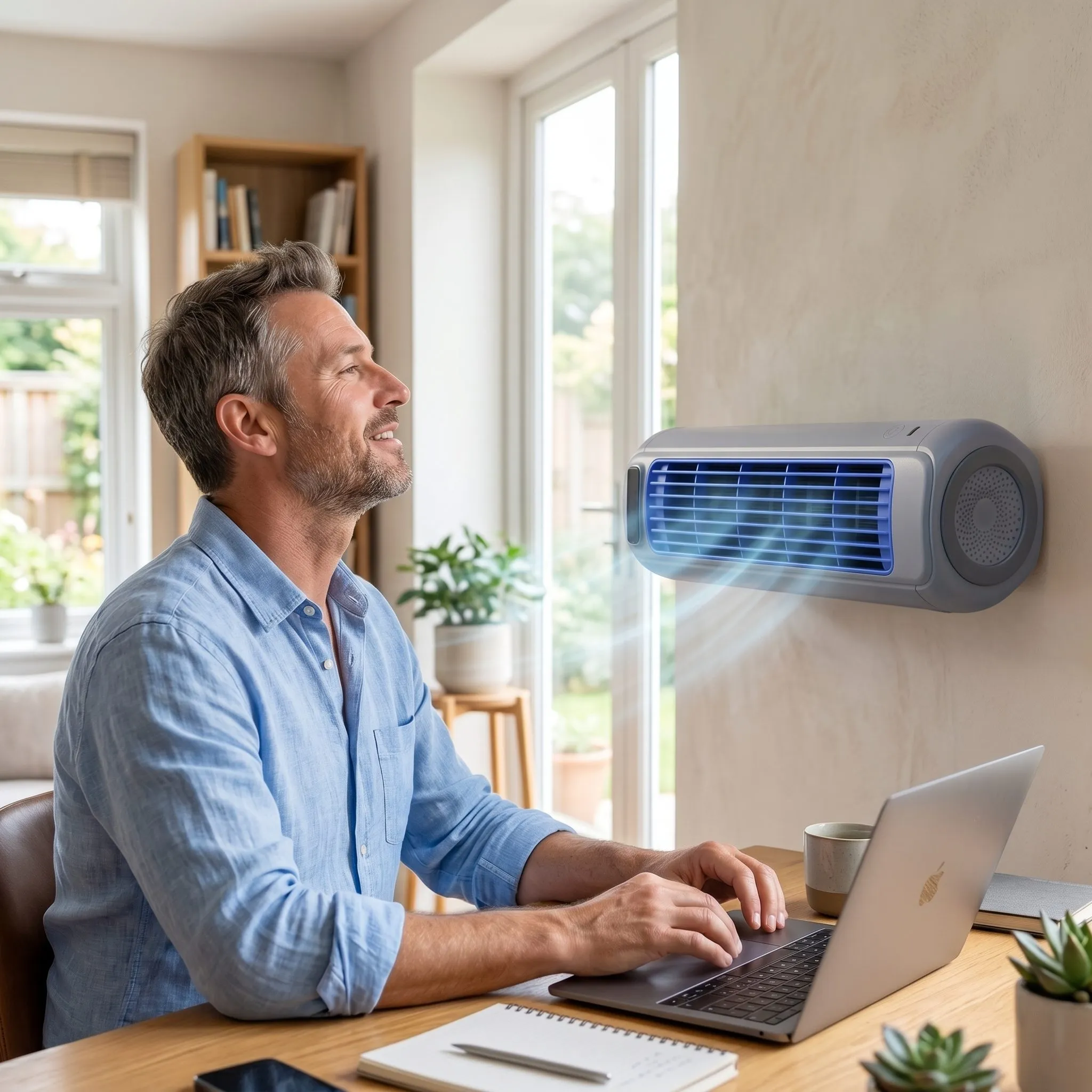 Froza AC mounted near a home office desk