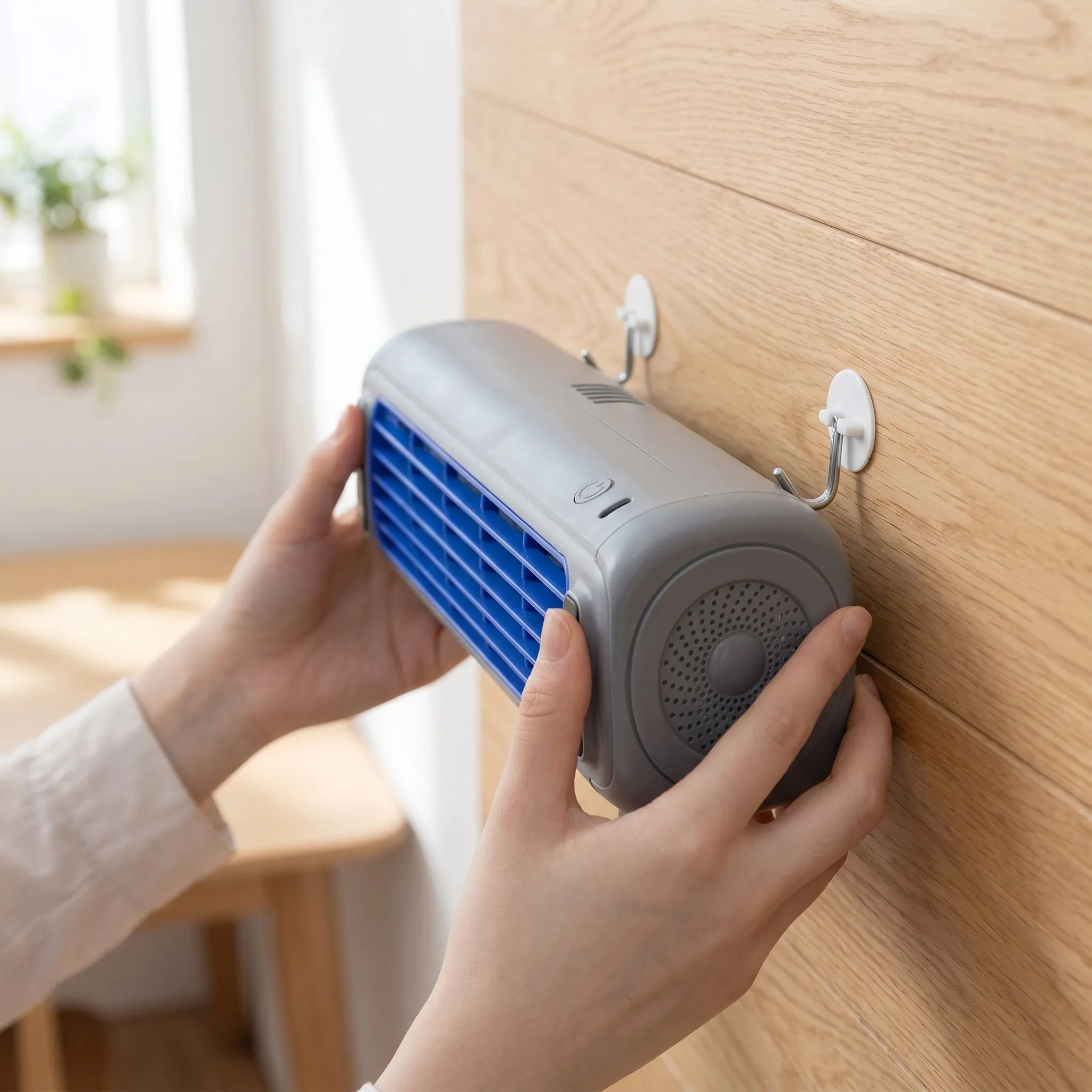Froza AC installed on a light wood wall, close-up